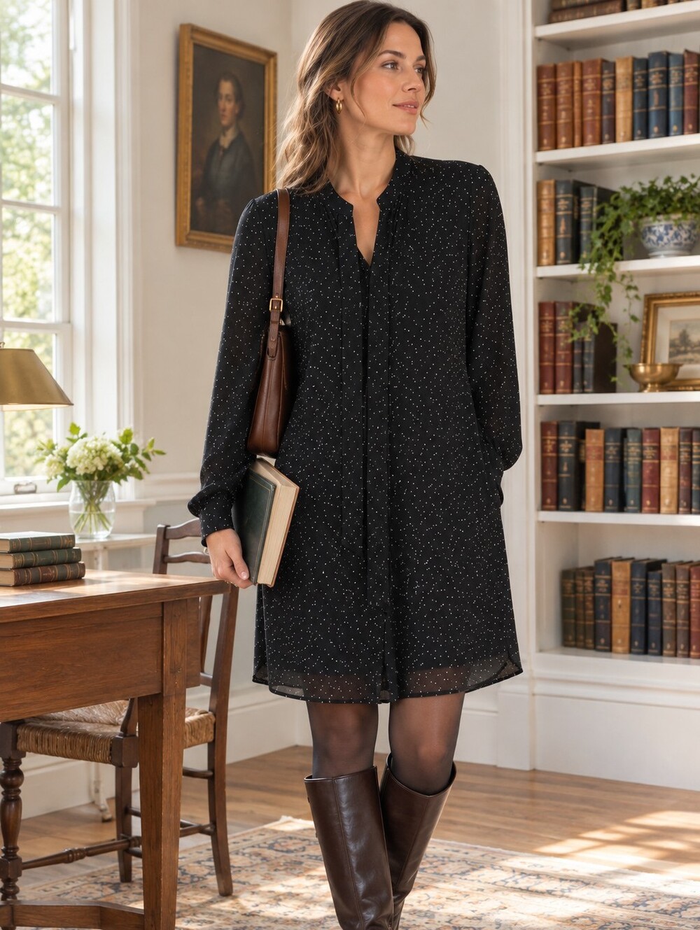 Banana Republic Black Polka Dot Sheer Tie-Neck Shirtdress Large